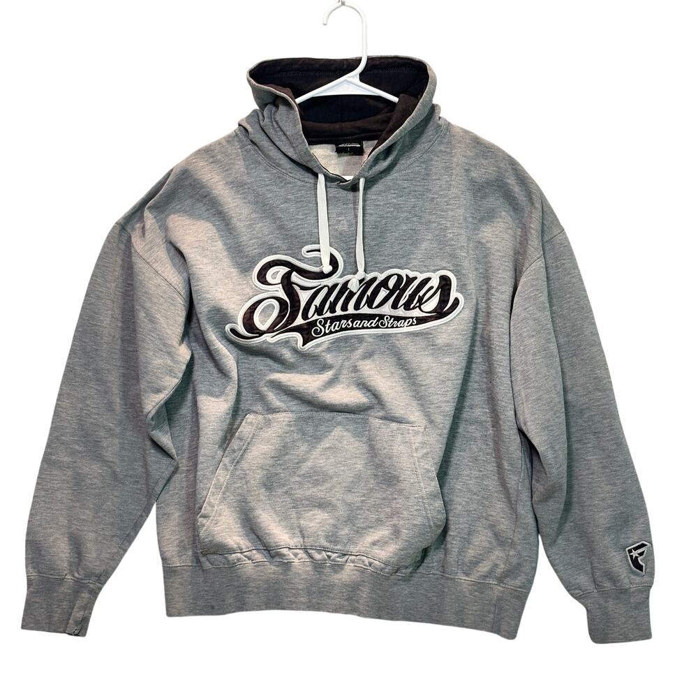 Y2K Famous Stars and Straps Hoodie Large Gray Sweatshirt Stitched Vintage Korea